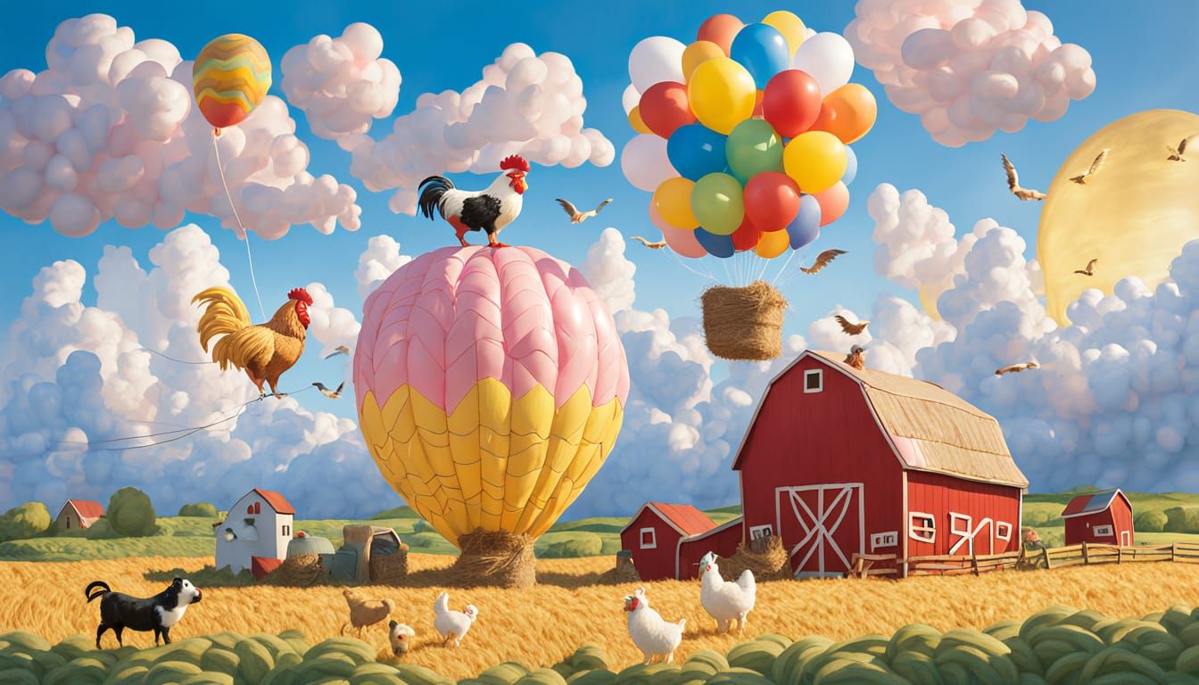Farmyard scene made entirely of colorful balloons