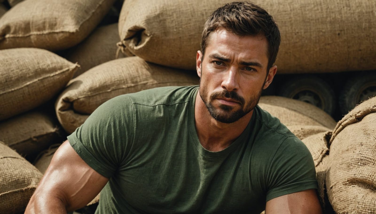 Tense Vigil: Man with Gun in Shadowy Camp