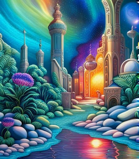 Iridescent Sci-Fi Garden Under Cosmic Sky