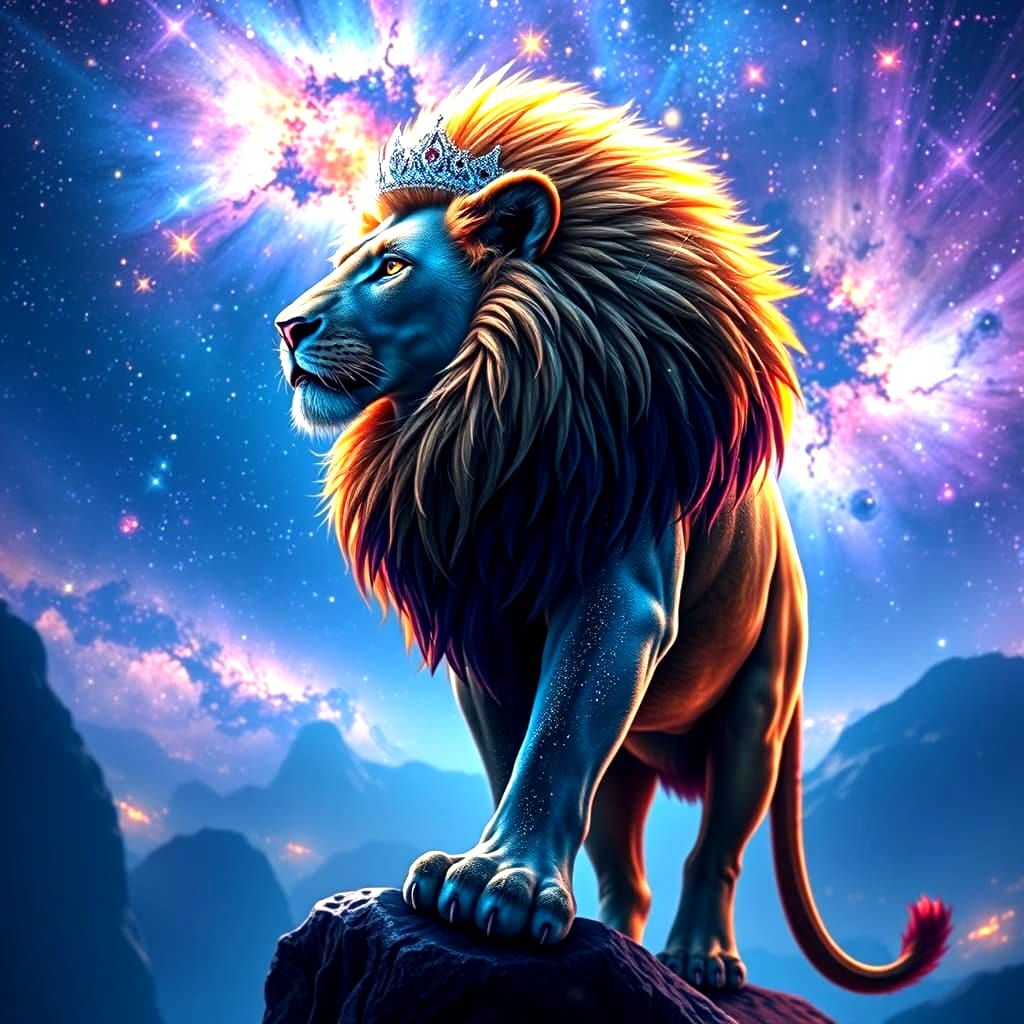 Cosmic Lion with Starlight Mane and Nebulae