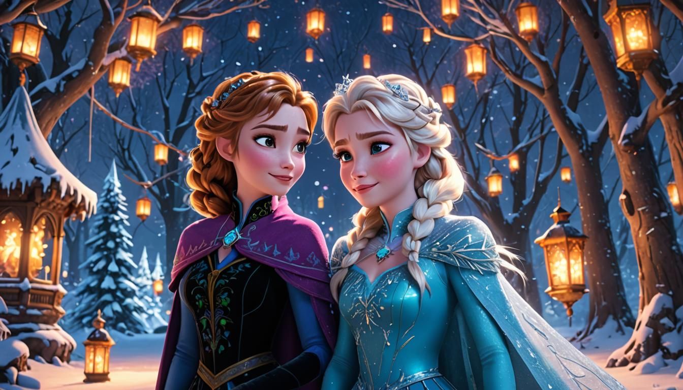Elsa and Anna Embrace in Snowy Forest: 3D Anime Art