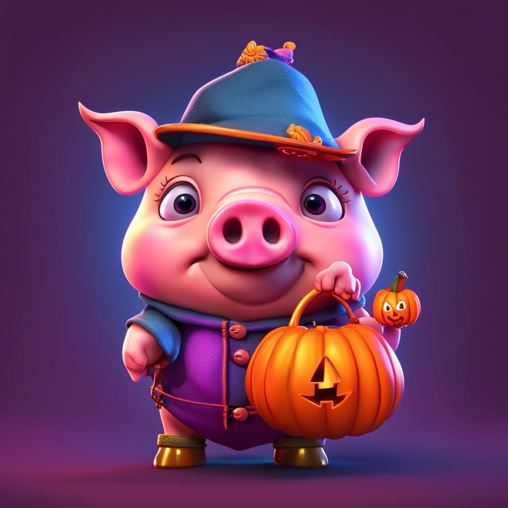 Adorable Piglet in Halloween Costume: 3D Digital Art