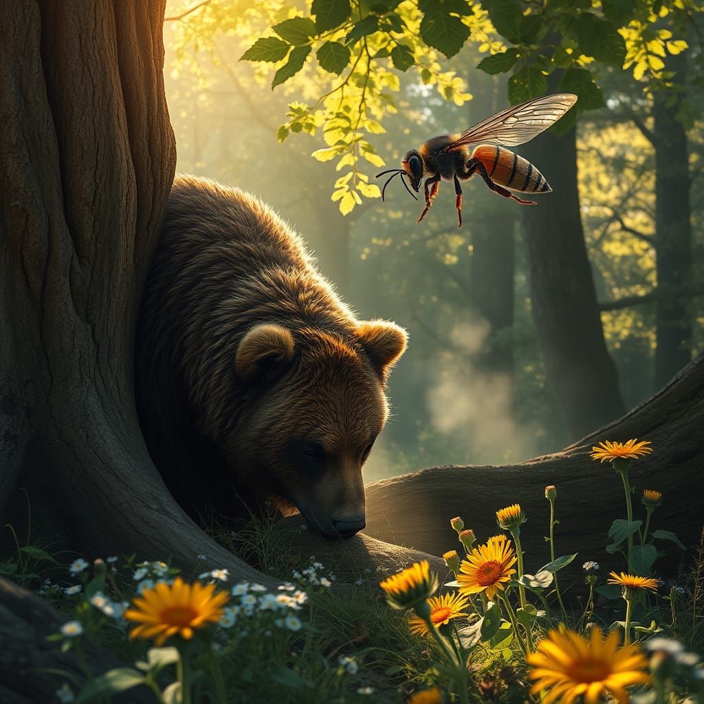 Bear and Hornet in Forest: A Tranquil Scene