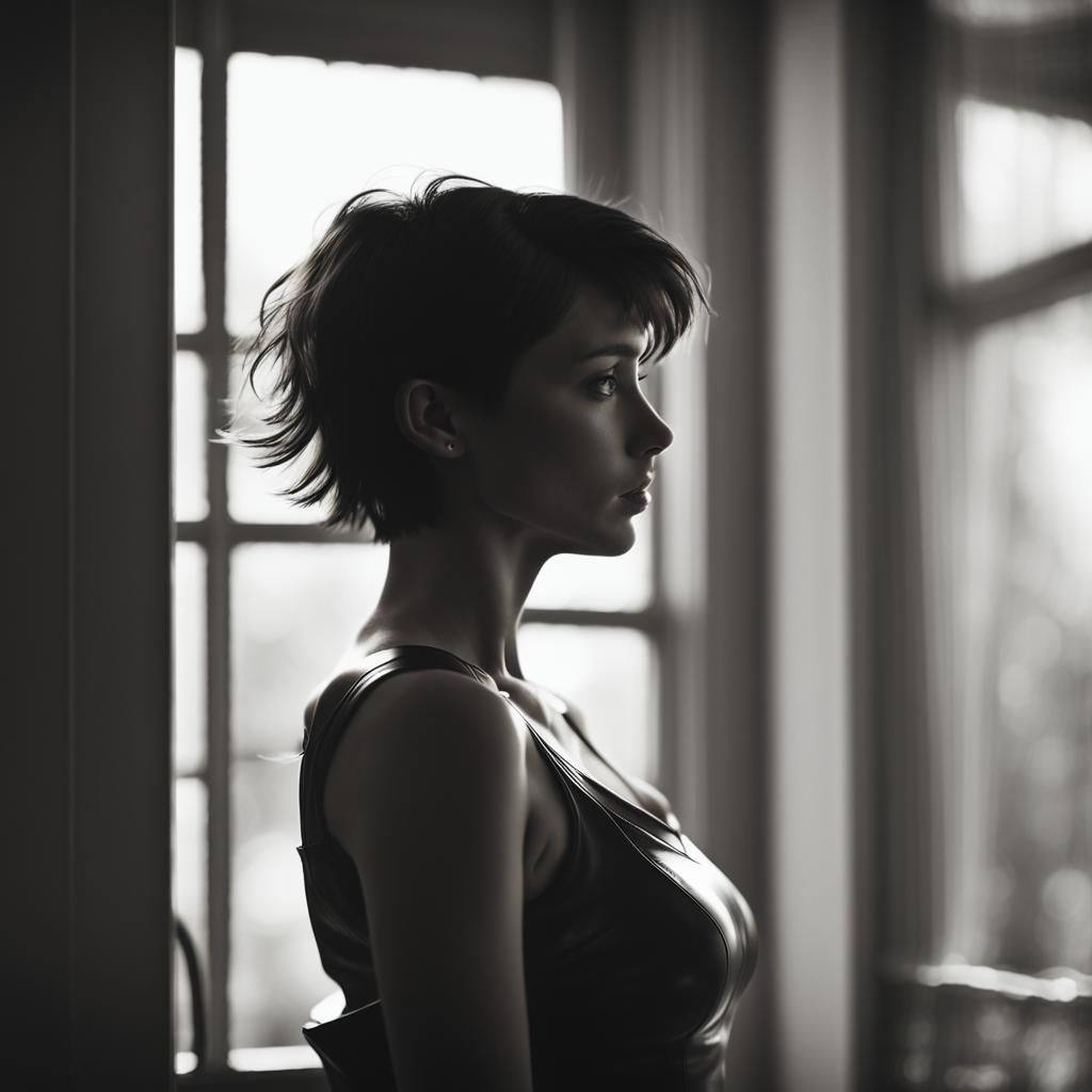Monochrome Silhouette: Woman in Leather Top at Window