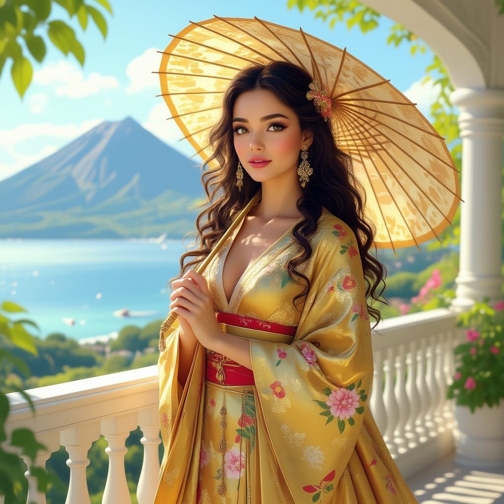 Woman with Golden Parasol on Balcony Overlooking Sea