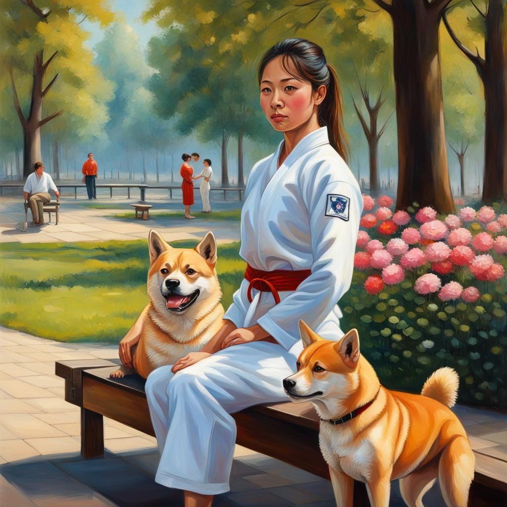 Beautiful Female taekwondo fighter trainig i a park, a  shiba inu stand next to her