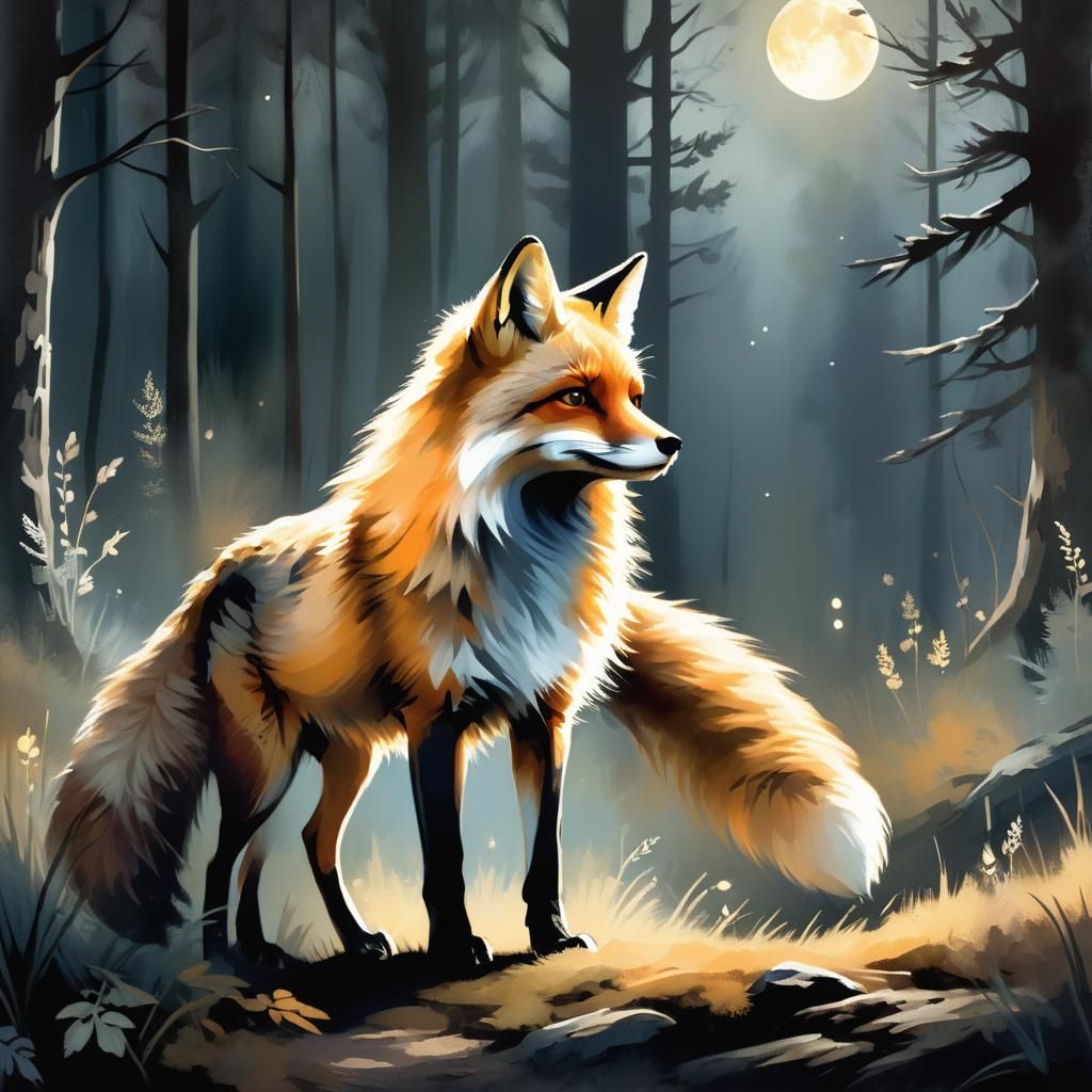Moonlit Fox Illustration in Forest Clearing