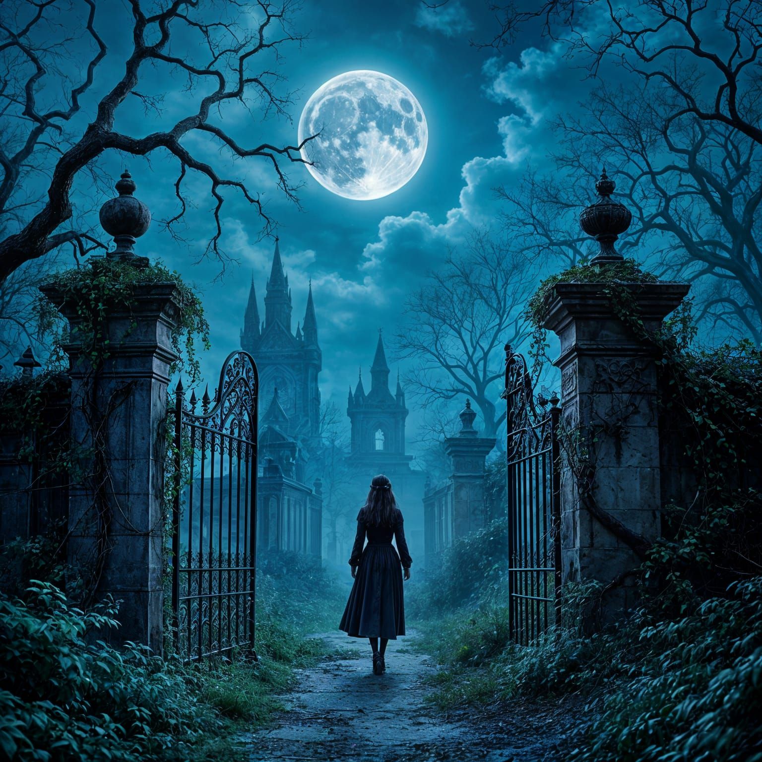 Nightmarish Gothic Garden Under Moonlight in 4K