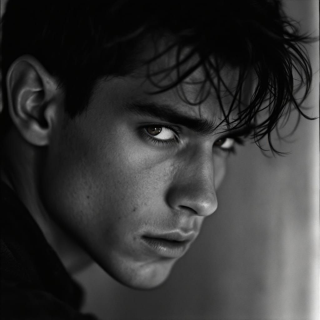 Brooding Young Man Conveys Turmoil in Intense Monochromatic ...