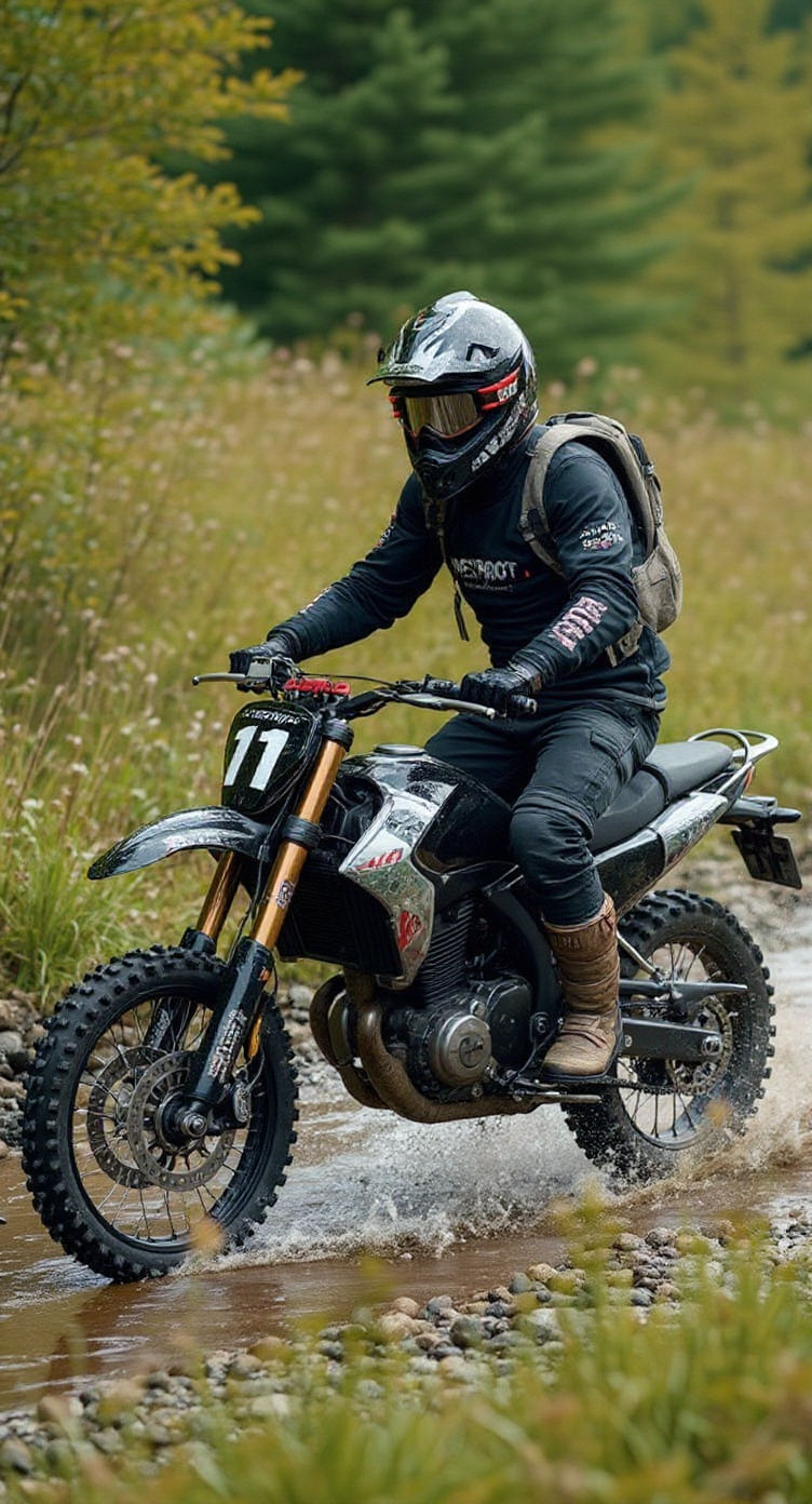 Motocross Rider on Black Motorbike in Riverbed