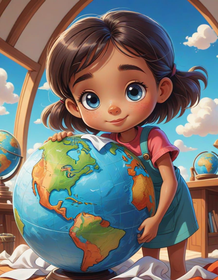 Little Girl Cleans Earth Globe in Cartoon Style