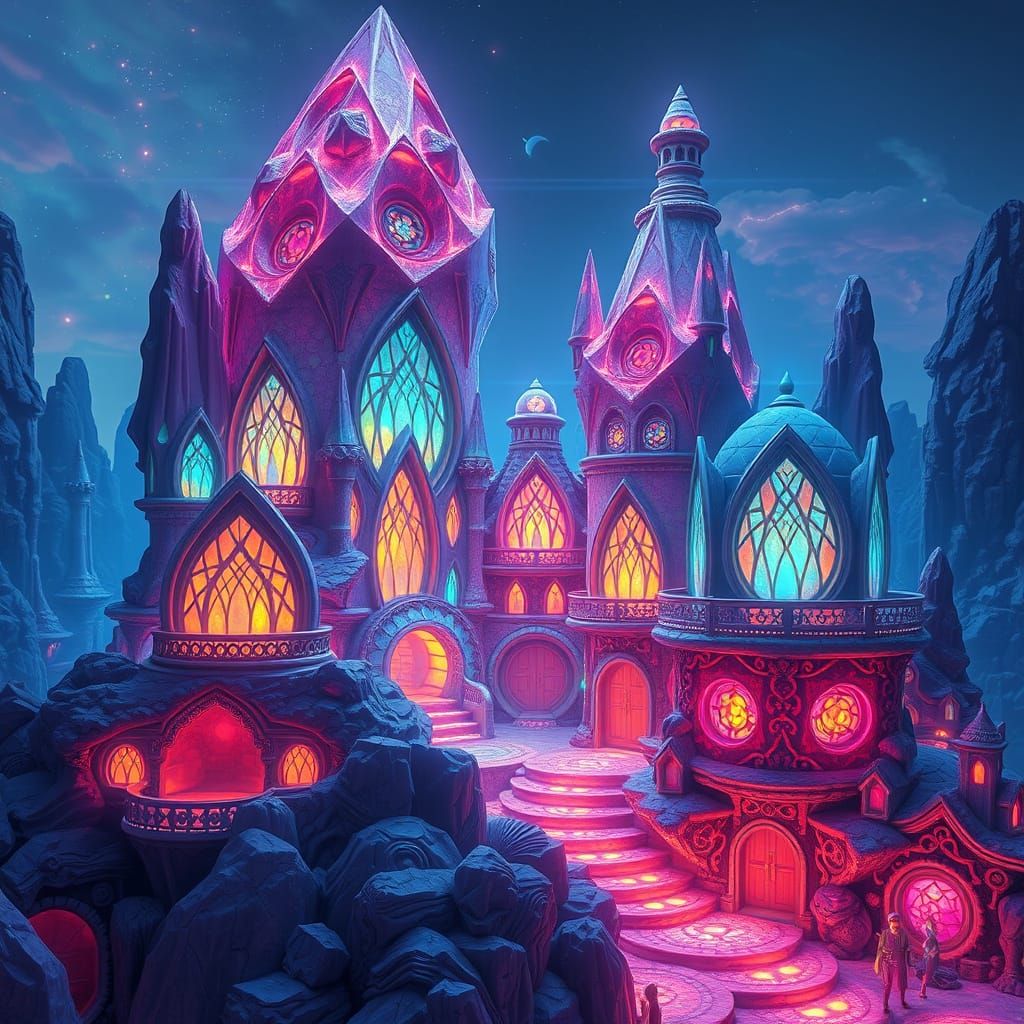 Alien Crystal Houses with Zentangle Patterns