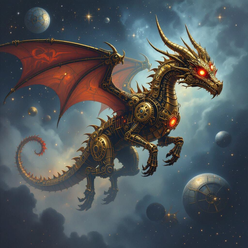Clockwork Dragon Soaring Through Nebula in Dark Fantasy Styl...