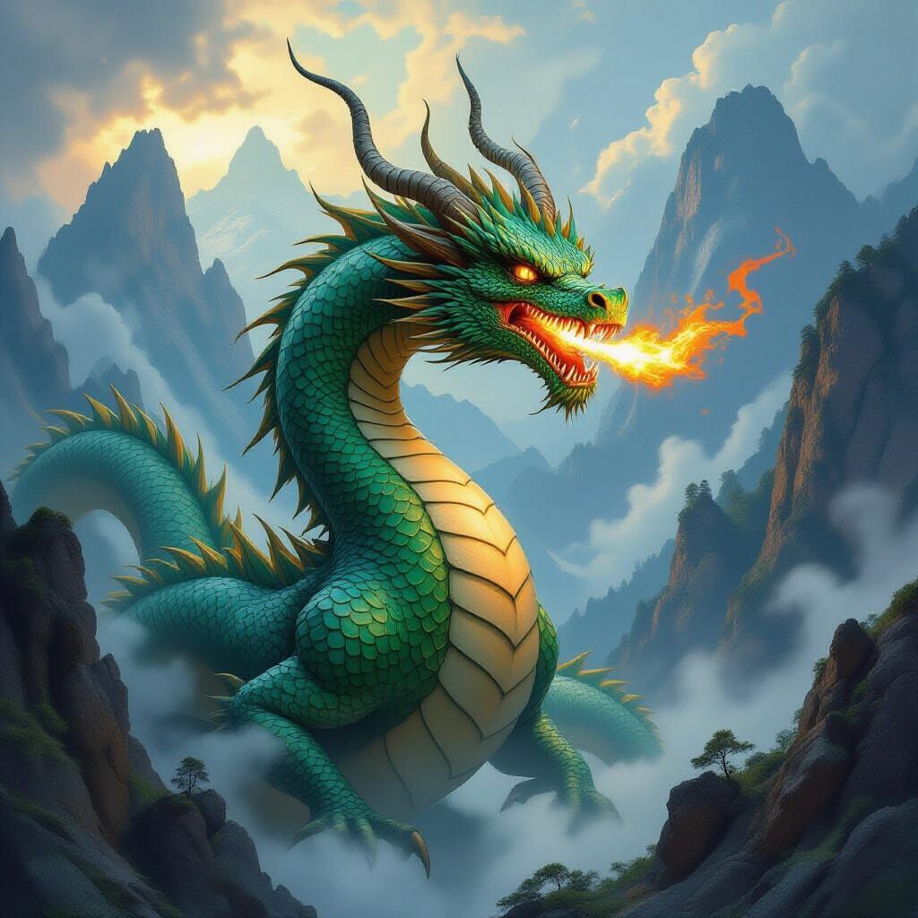 Majestic Six-Headed Dragon in a Fantasy Landscape