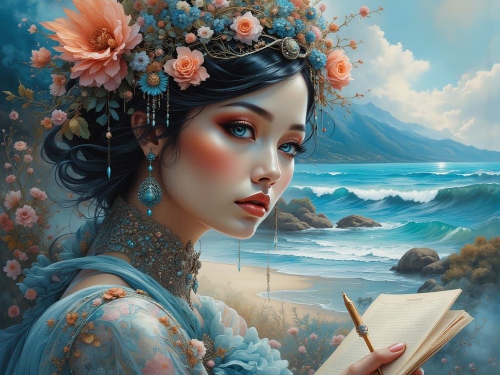 Woman Writing Letter by Sea in 8k Resolution