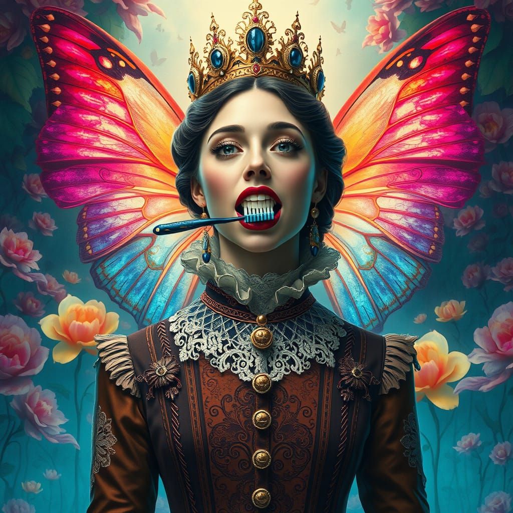 Regal Woman Amidst Iridescent Wings and Blooming Florals