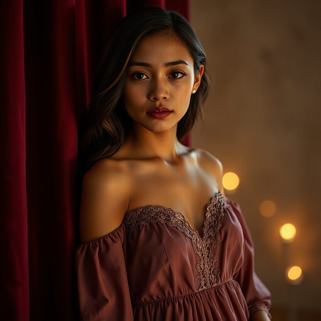 Portrait of Woman Emerging from Velvet Curtains