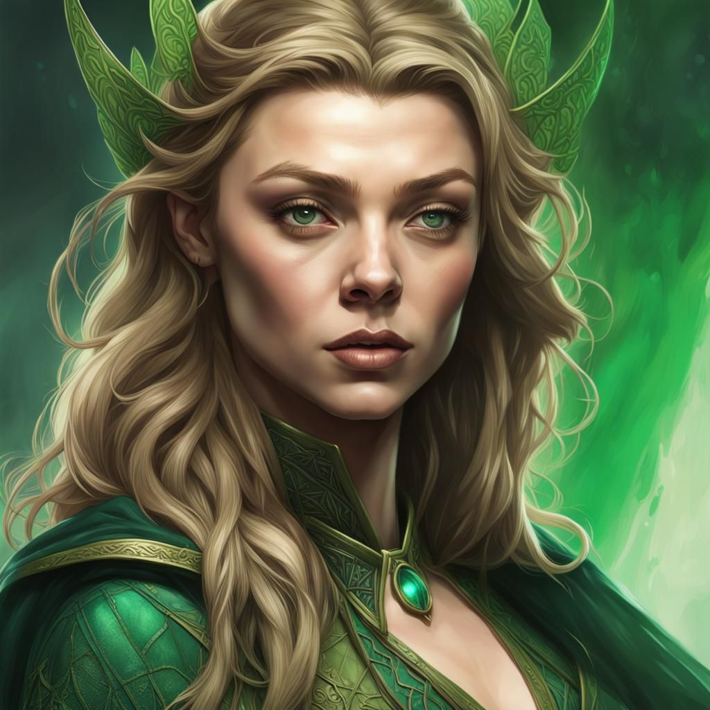 Enchantress Portrait in Green, Digital Art Style
