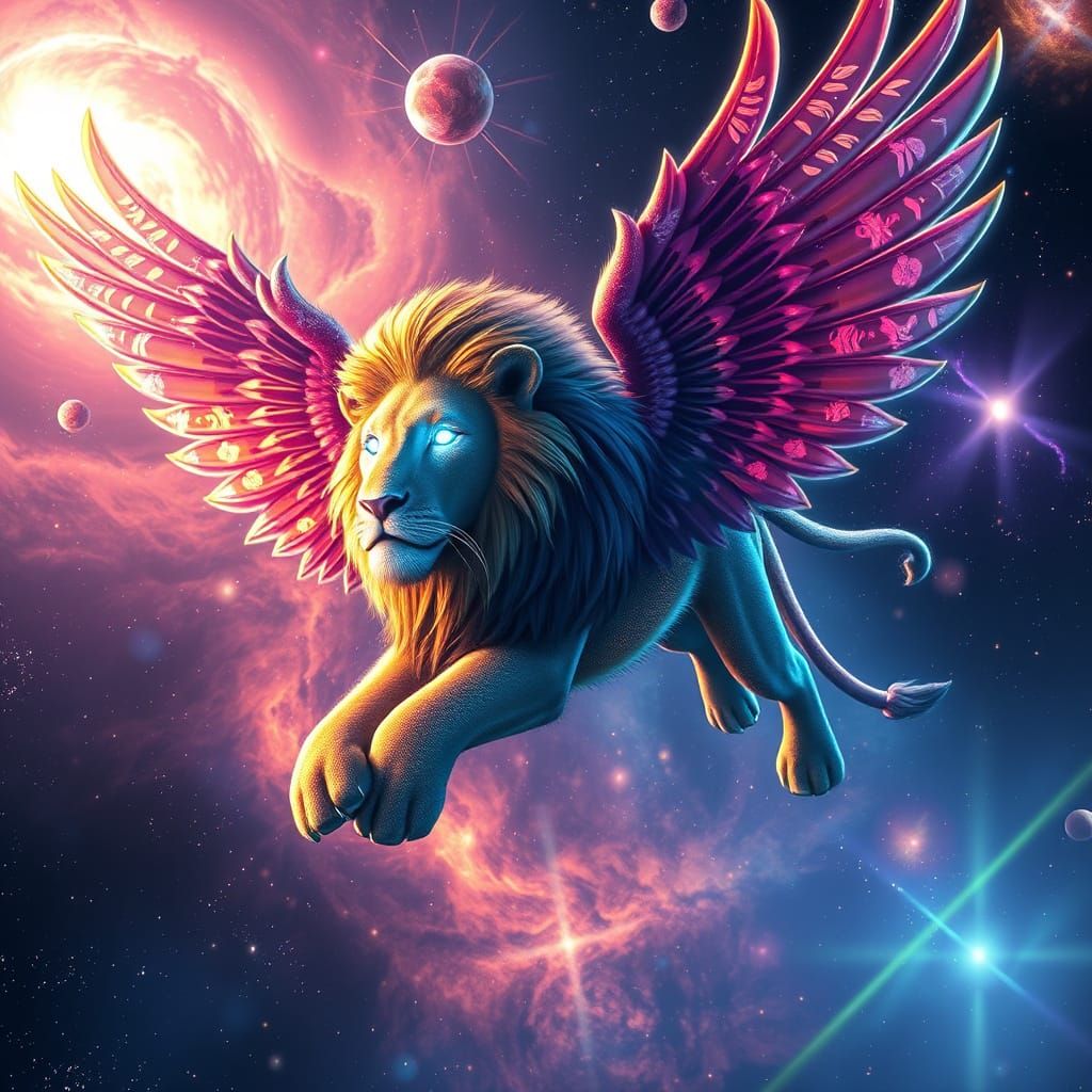Winged Lion Soaring Through Vibrant Nebula