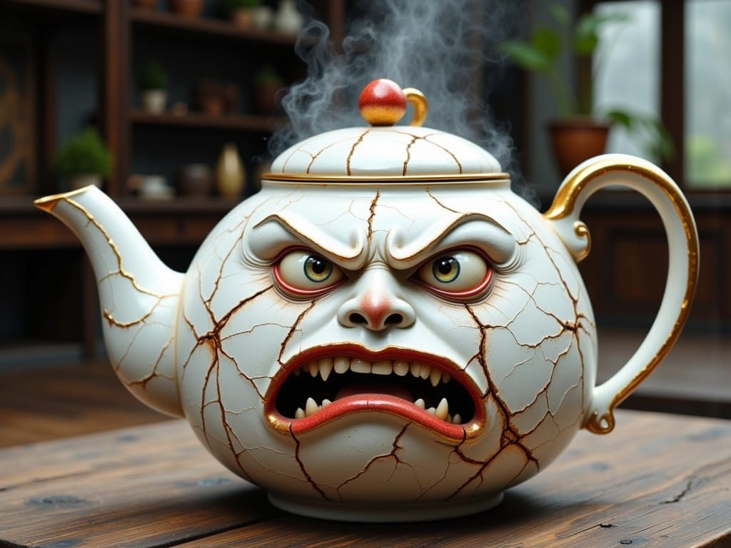 Angry White Teapot with Exploding Lid