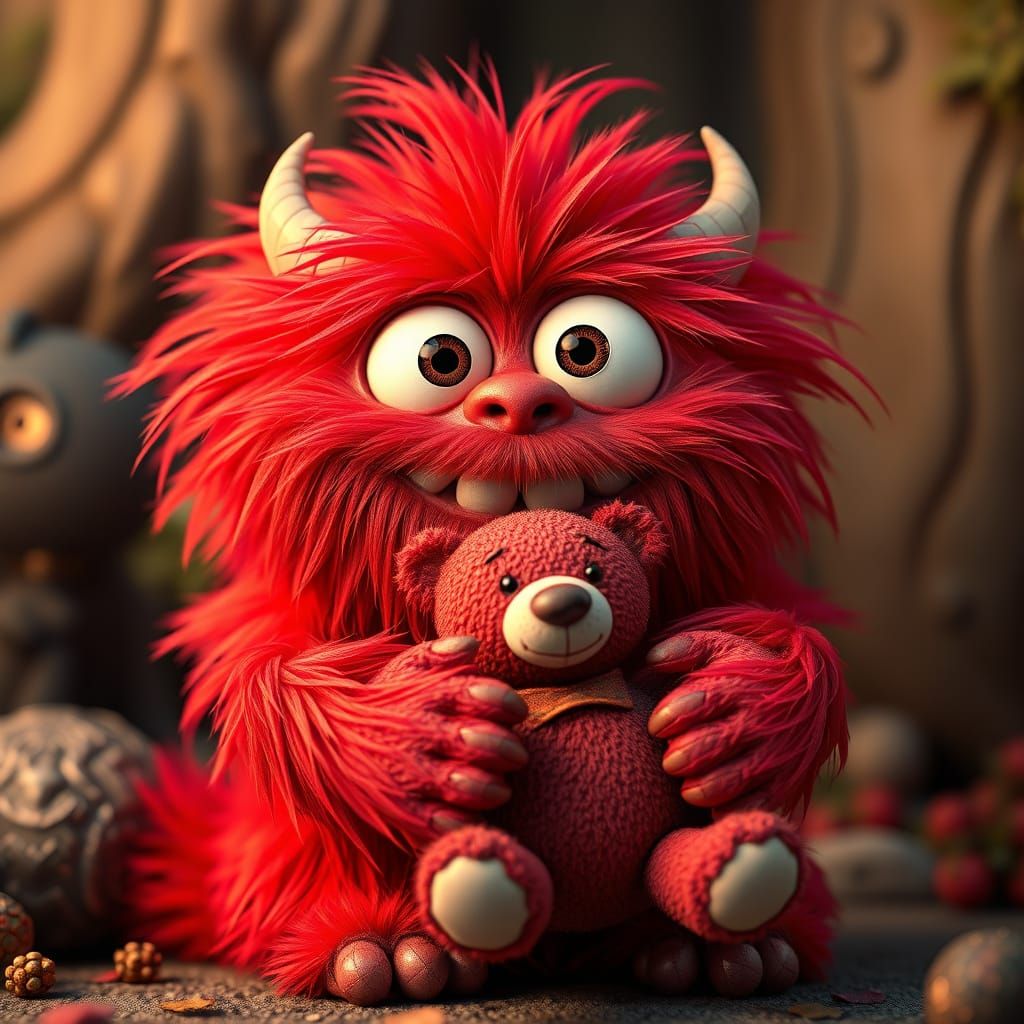 Whimsical Fantasy Monster Hugs His Favorite Teddy