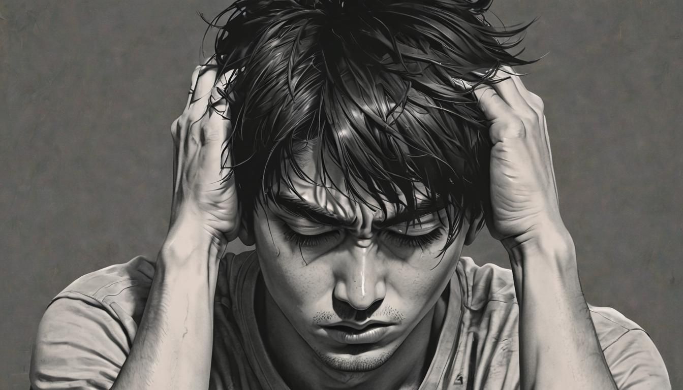 Distressed Manga Character Gripping Head in Despair