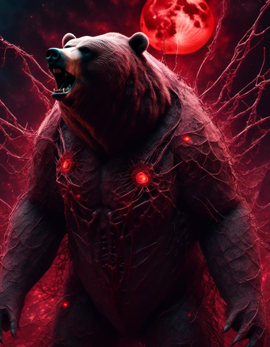Cursed Grizzly Bear Portrait with Crimson Moon