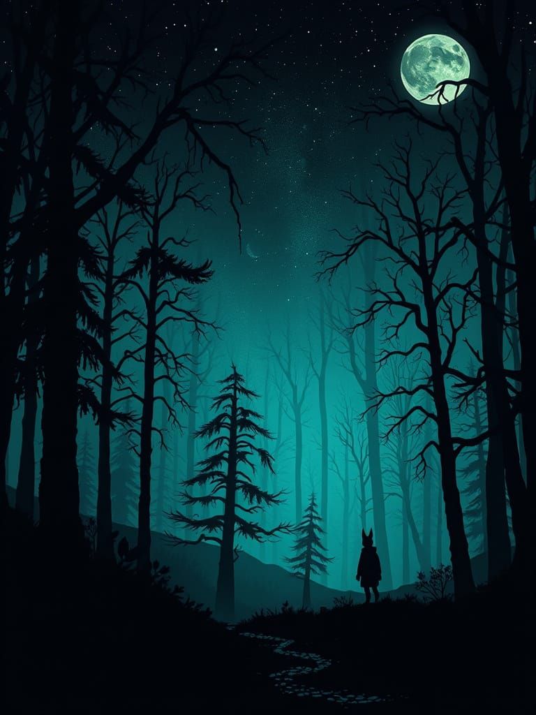 Psychedelic Dark Forest in Tim Burton Style