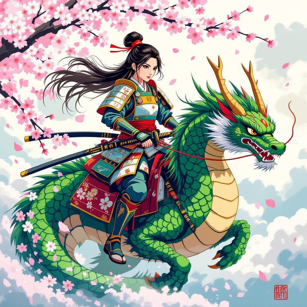 Samurai Girl Riding Dragon in Japanese Art Style
