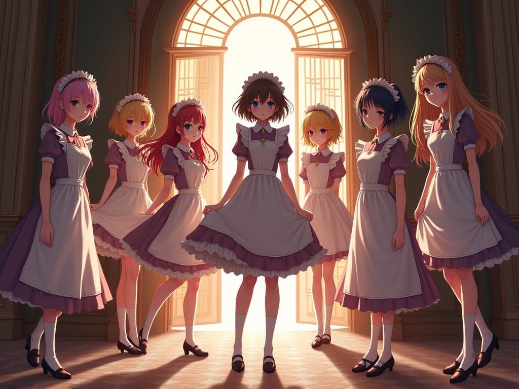 Anime Maid Group in Futuristic Manor Entrance