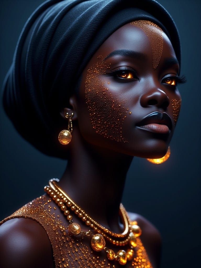 Glowing Afro-Futuristic Goddess in Golden-Bronze Hues