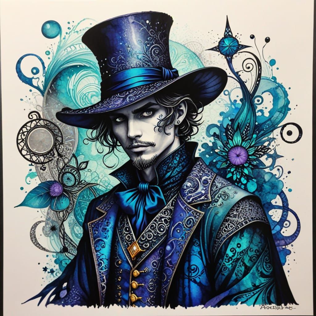 Intricate Zentangle Magician in Alcohol-Ink Style