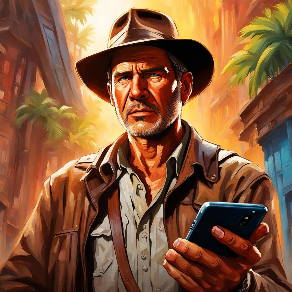 Indiana Jones Checking His Phone, Hyperrealistic Art