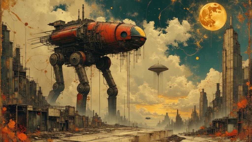 Giant Mecha Robot Destroys Alien City Under Two Moons