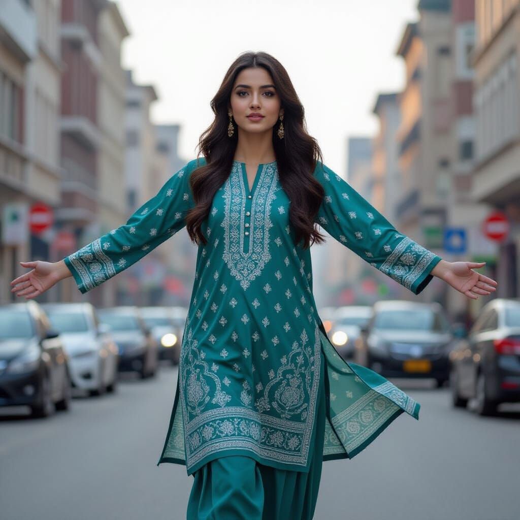 Girl in Pakistani Dress Flying in European City