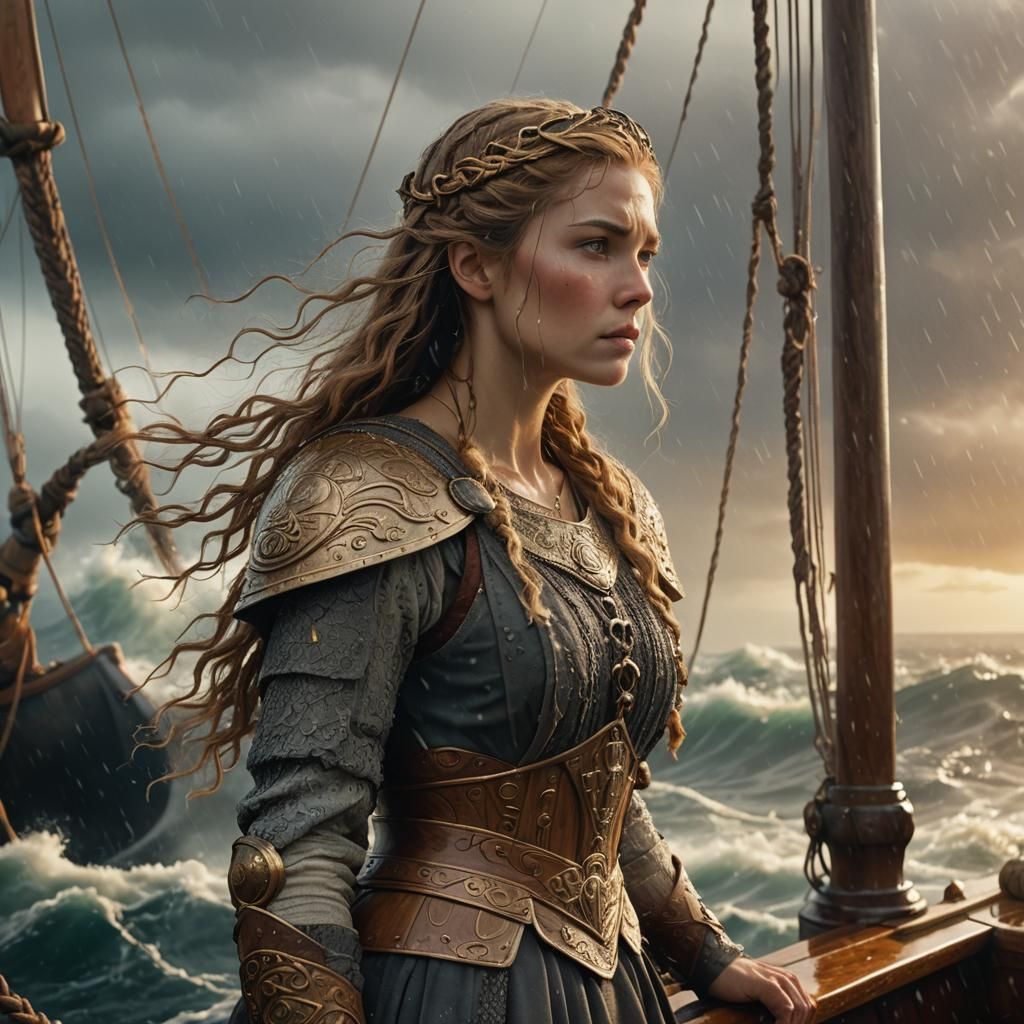 Viking Beauty on Ship in Art Nouveau Style