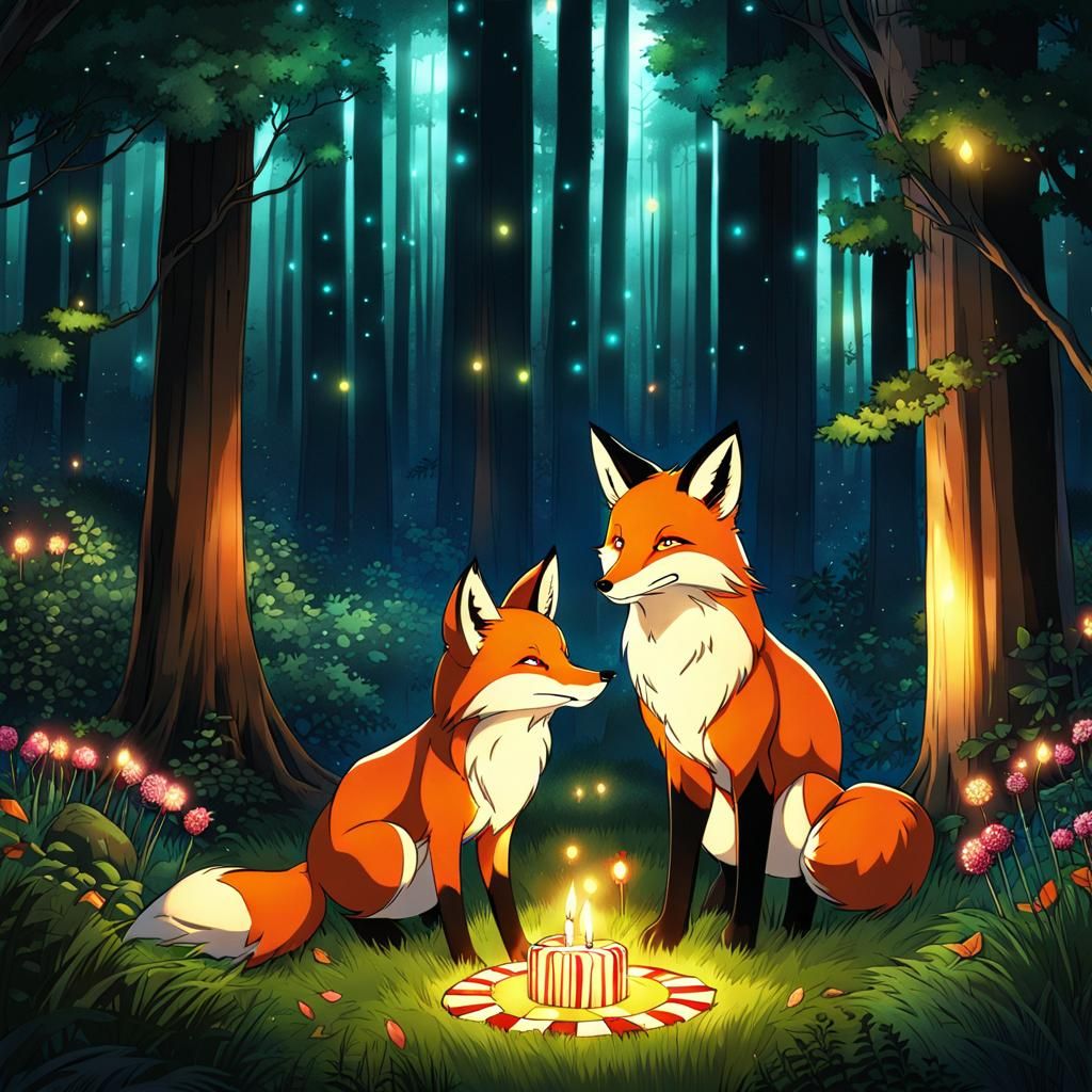 Fox Family Birthday in Forest, Anime Style