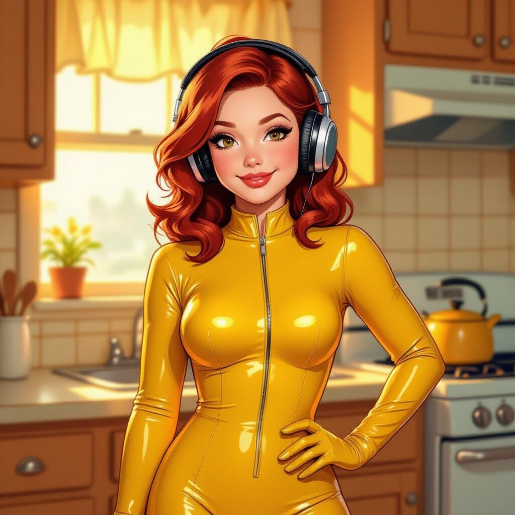 Girl in Yellow Latex Jumpsuit in 1960s Kitchen