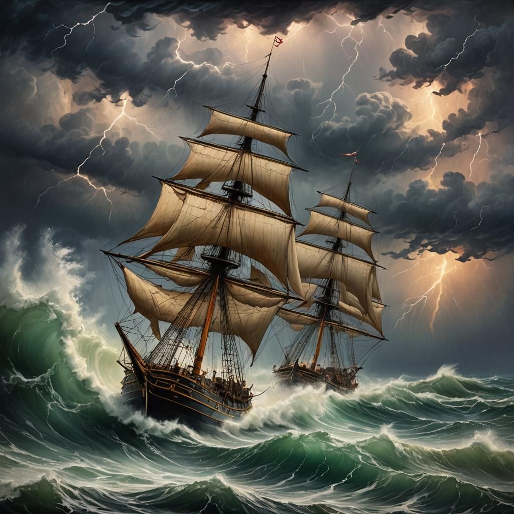 Ship Caught in Stormy Seas, Romantic Oil Painting