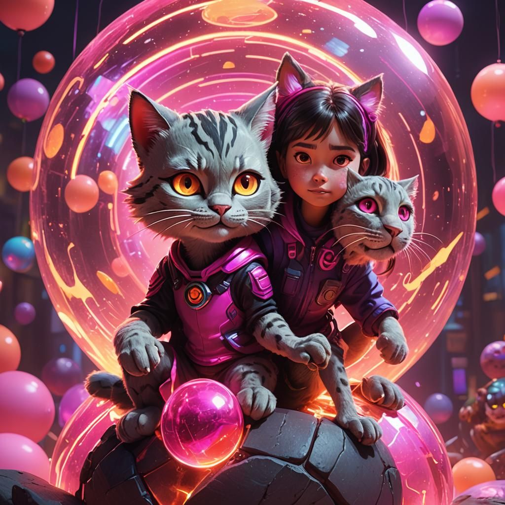Stone Girl with Fire Eyes Rides Neon Cat