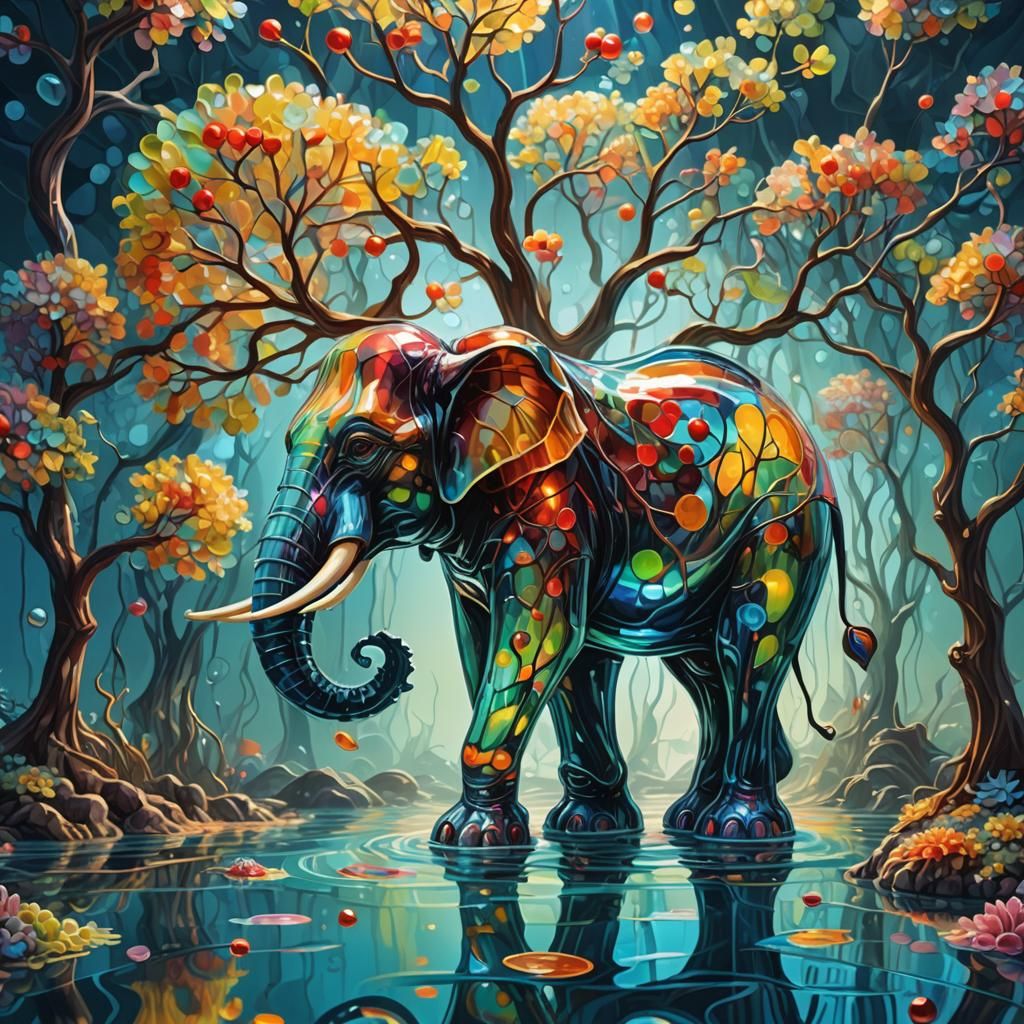 Glowing Glass Cherry Elephant Tree Underwater, Neo-Impressio...