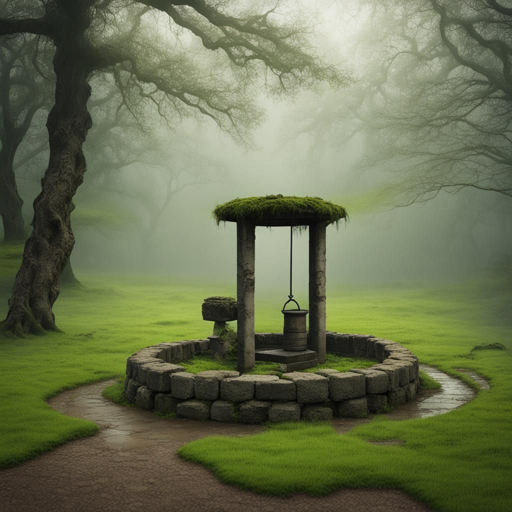 Uncanny Abandoned Well in Foggy Grassland