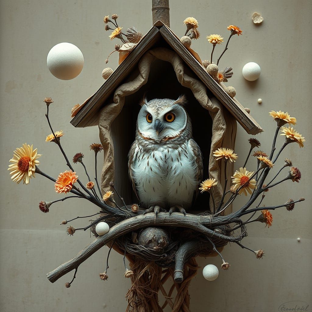 Surreal Owl House with Flowers in Mixed Textures