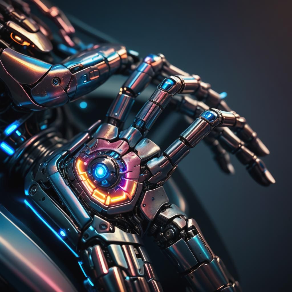Cyborg Portrait with Six Fingers in Neon Sci-Fi Style