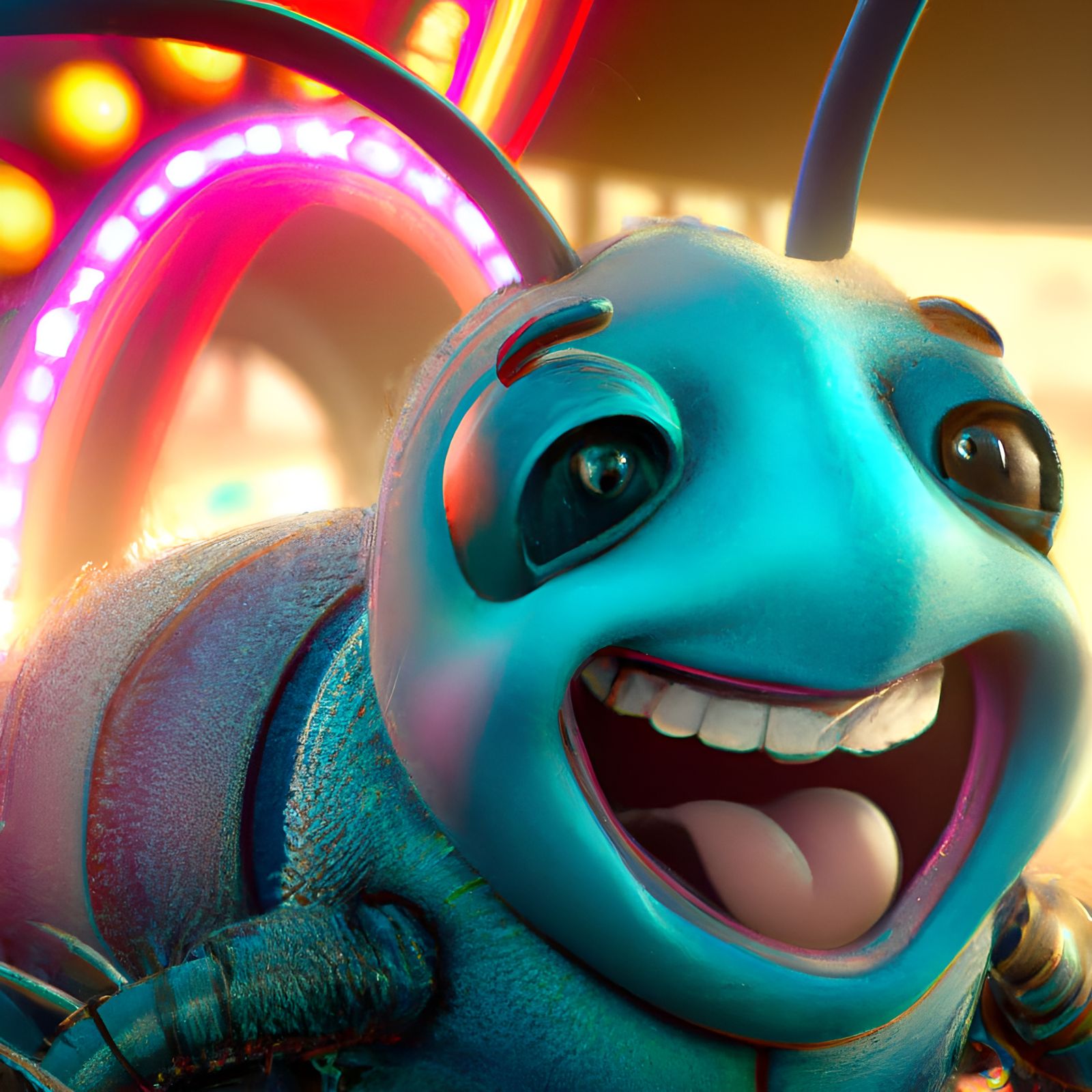 Happy Flea in Neon Arcade, 3D Render