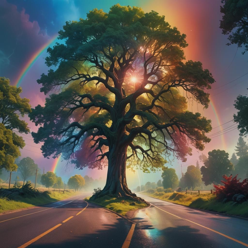 Rainbow Tree on Road: Digital Fantasy Art