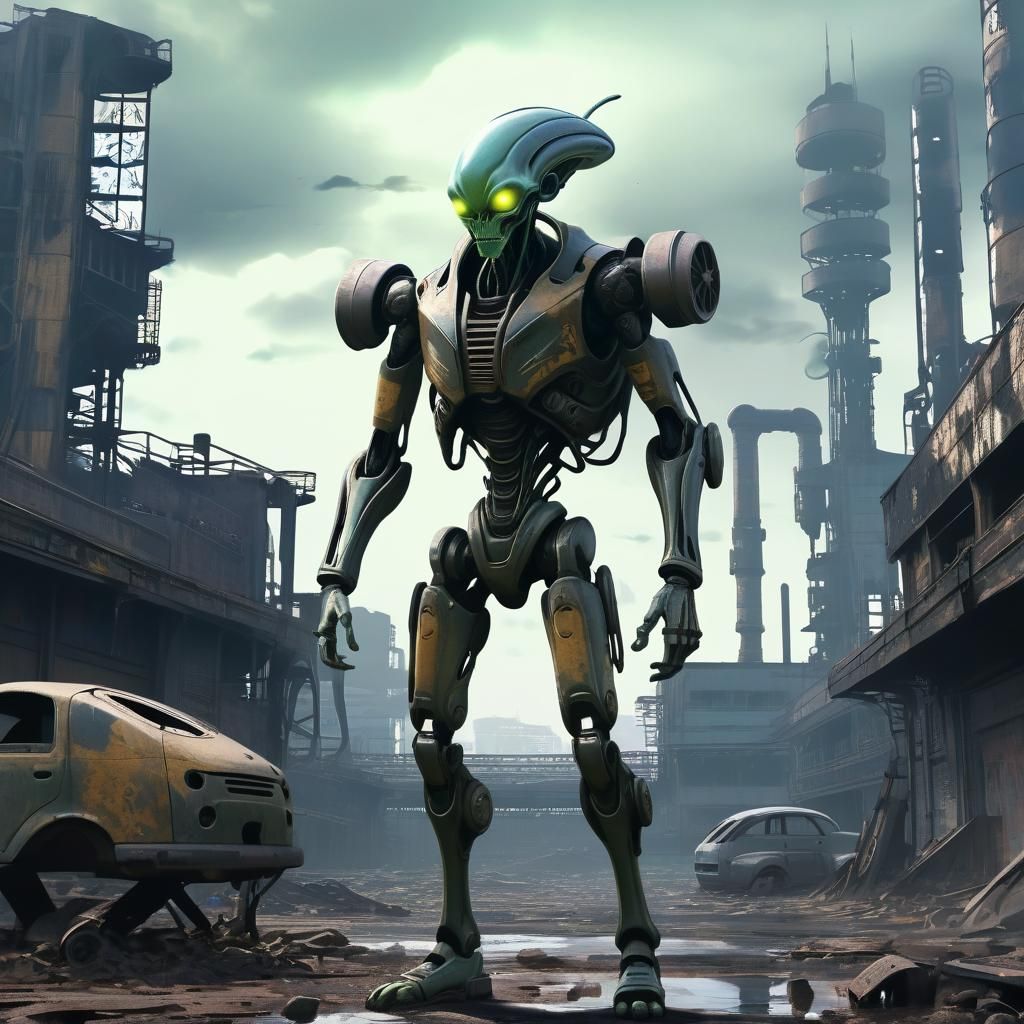 Anime Alien Cyborg in Ruined Sci-Fi City