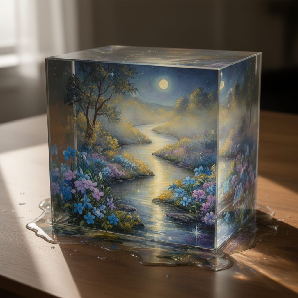 Transparent Glass Cuboid Holds Dreamlike Night Landscape