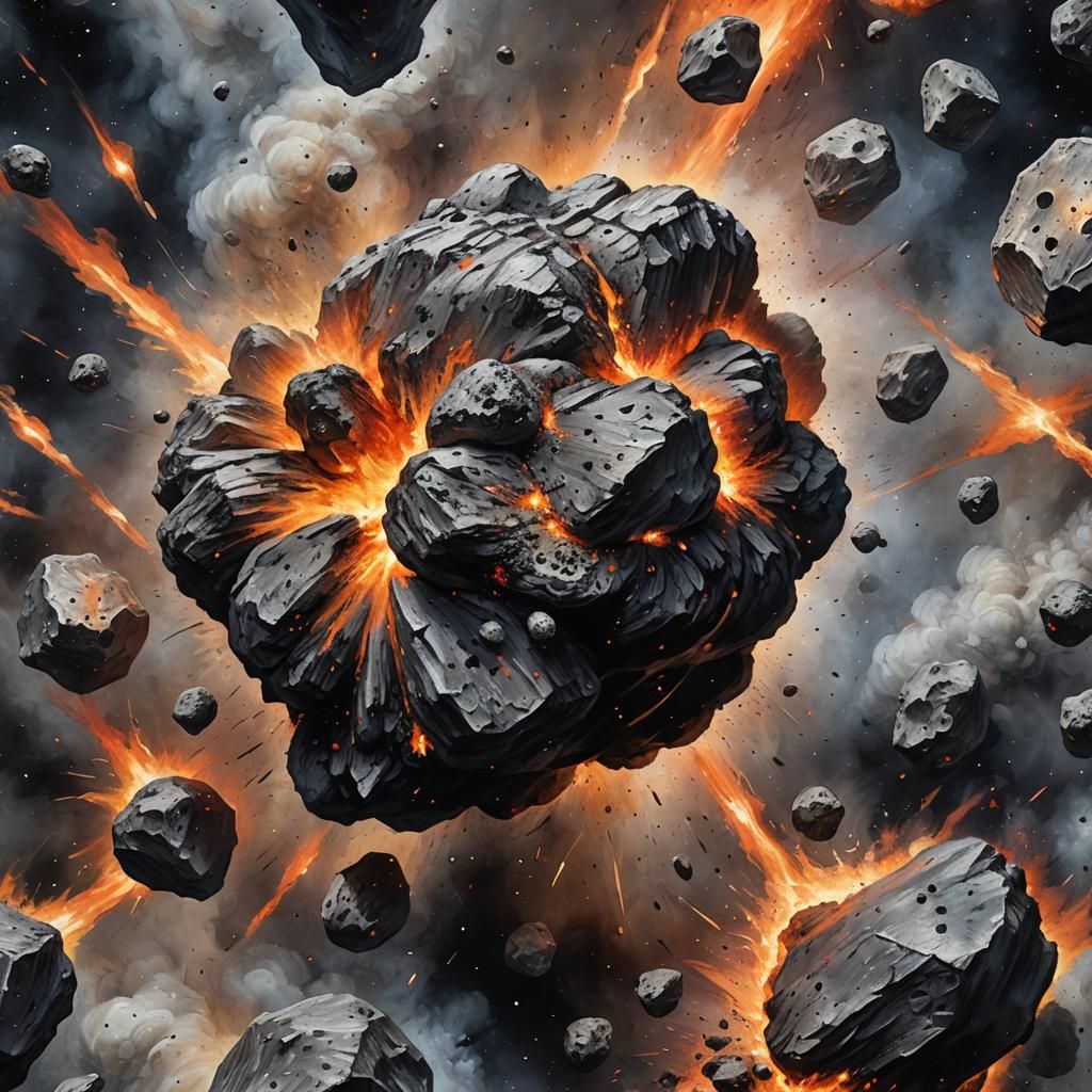 Fiery Asteroid Soaring Through Space as Impasto Painting