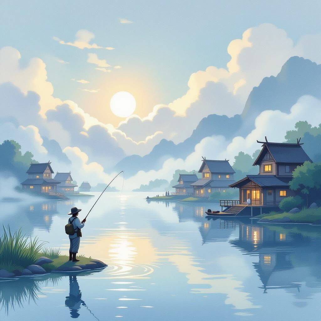 Misty Cloud Fishing Village with Angler in Watercolor Style